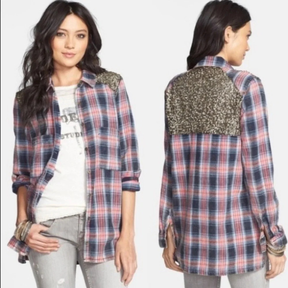 Free People Little Bit of Sugar Red Plaid Print Sequin Tunic Top Small Women’s